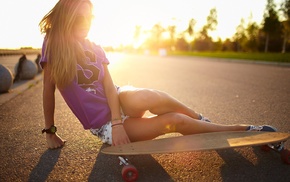 on the floor, skateboard, blonde, road, girl, sitting