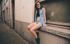 sitting, girl with glasses, jean shorts, girl