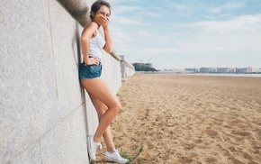 jean shorts, walls, girl, sand