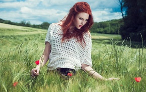 redhead, flowers, girl, grass, nature