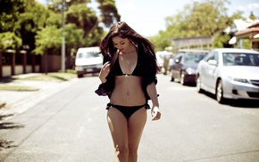 walking, pierced navel, city, girl, bikini, road
