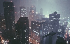 city, rain, skyscraper