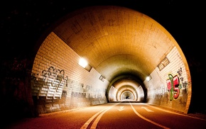 road, street, arrows, graffiti, bricks, tunnel