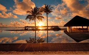 swimming pool, hut, sunset, water, dusk