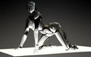 androids, simple background, Gynoid, silver, CGI, blue eyes