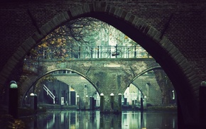 bridge, photography, bicycle, shadow, river, trees