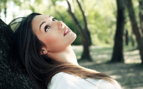 face, open mouth, girl outdoors, brunette, nature, Lorena Garcia