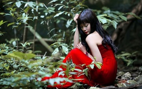 red lipstick, long hair, nature, brunette, red dress, Asian