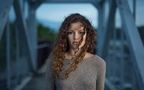 open mouth, blue eyes, girl, sweater, curly hair, brunette