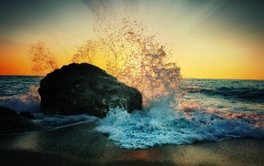waves, photography, water, sun rays, sunset, rock