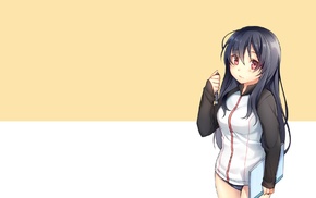 sweatshirts, yellow background, original characters, school swimsuits, simple background, anime girls
