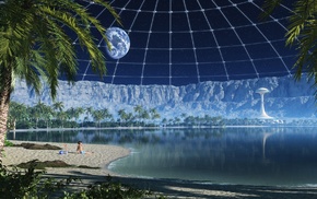 digital art, water, sand, futuristic, sphere, mountain