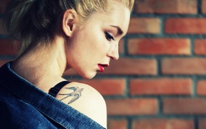 tattoo, bricks, model, bare shoulders, long hair, red lipstick