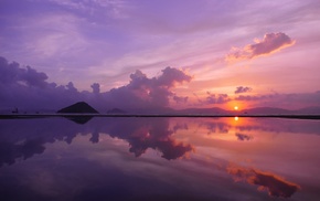 mirrored, water, clouds, sunset, reflection, landscape