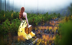 redhead, nature, trees, rear view, suitcases, long hair