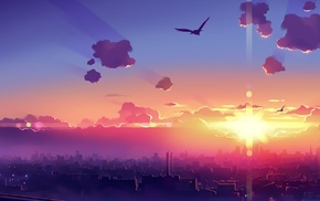 anime, sunrise, city