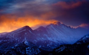 clouds, winter, mist, sunset, Rocky Mountain National Park, forest