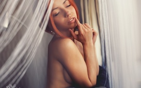 closed eyes, girl, topless, open mouth, strategic covering, boobs