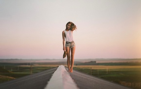 jean shorts, hands in hair, girl