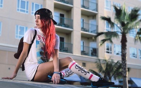 girl, redhead, sitting, baseball caps, tattoo