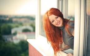 redhead, blue eyes, looking at viewer, looking out window, face, girl