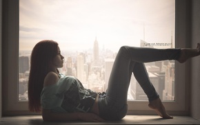 sitting, girl, jeans