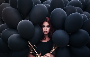 girl, balloons, redhead, face