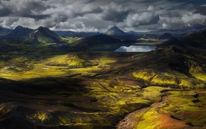 mountain, creeks, landscape, valley, lake, Iceland