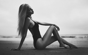 Maria Domark, blonde, beach, long hair, monochrome, girl outdoors