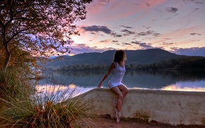 sitting, nipples through clothing, river, girl