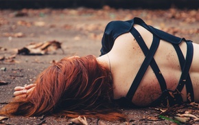 lying down, rear view, long hair, leaves, model, ground