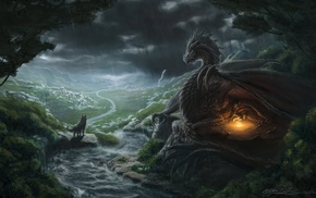 fantasy art, river, wolf, dragon