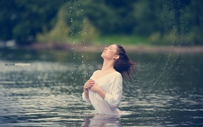 water, girl, wet body, closed eyes, river