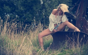 blonde, Jack Russell, grass, sitting, Tillie Feather, jean shorts