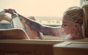 water, blonde, tattoo, bathtub, Lauren Brock, girl