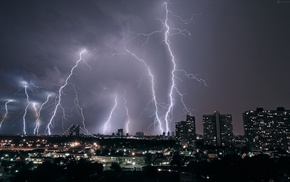 building, night, storm, cityscape, lightning