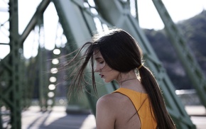 ponytail, long hair, profile, bridge, portrait, bokeh