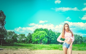 blonde, girl, jean shorts