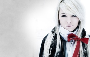 scarf, jacket, Laura Ivana, girl, white hair, simple background