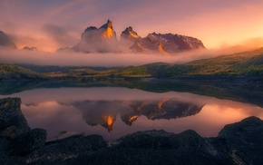 mist, nature, sunrise, reflection, Chile, mountain