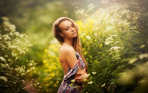 flowers, girl, dress, blonde, closed eyes