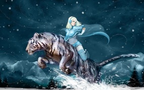 snow, fantasy art, tiger, girl
