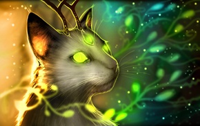 antlers, Romantically Apocalyptic, green eyes, fantasy art, glowing, cat