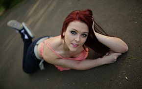 road, on the floor, jeans, model, girl, redhead