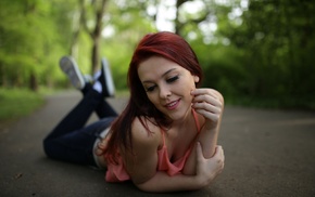 redhead, girl, model, jeans, on the floor, road