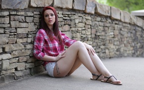 tattoo, redhead, model, girl, jean shorts, sitting