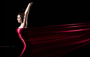 black background, girl, model, red dress, closed eyes