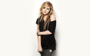 black tops, jeans, blonde, singer, Avril Lavigne, simple background