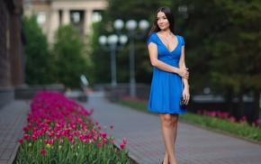 city, dress, brunette, flowers, high heels, girl