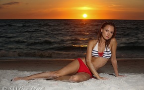girl, beach, Ema Donova, bikini, sea, sunset